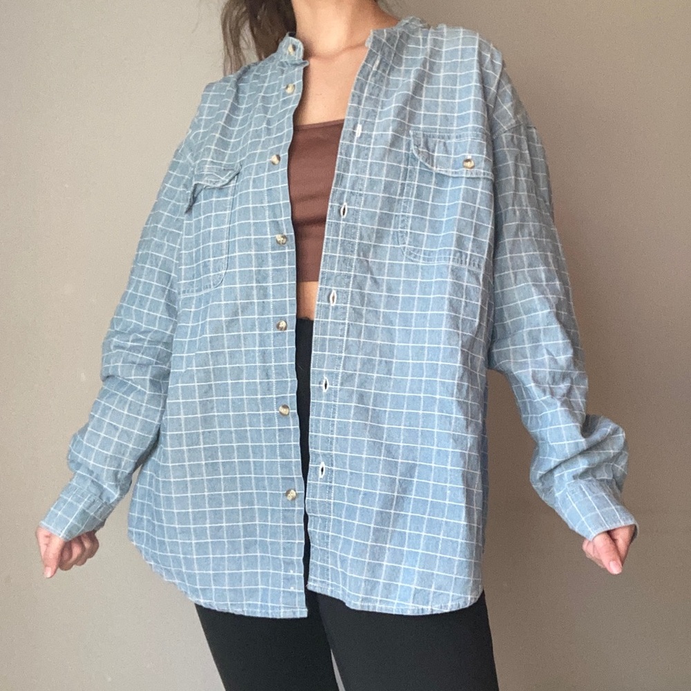 Blue Jean Denim Check Button Down Shirt